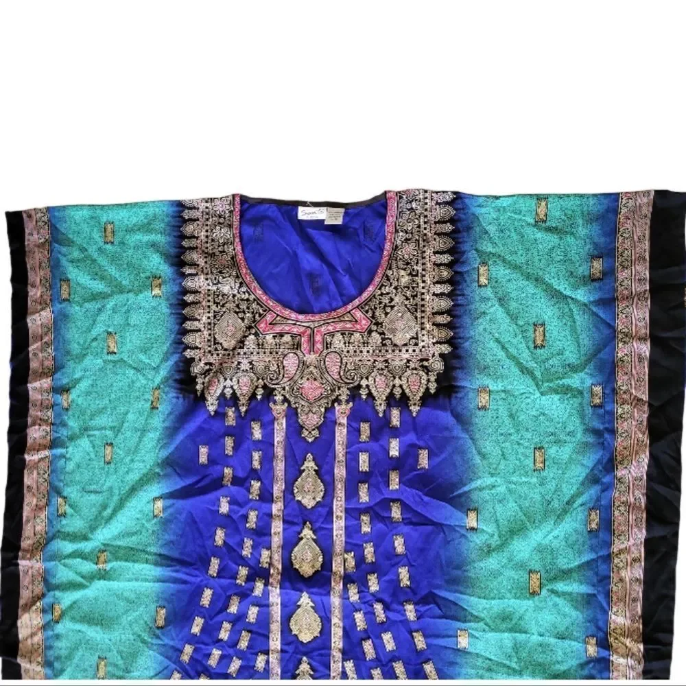 SANTÈ CLASSICS Blue/Green Kaftan‎ Beach Swimsuit Cover-up OS